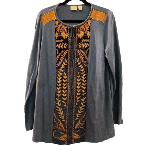 CHICO’S tunic top, size 2, US L, blue with velvet and embroidery. Long sleeves - Picture 1 of 6